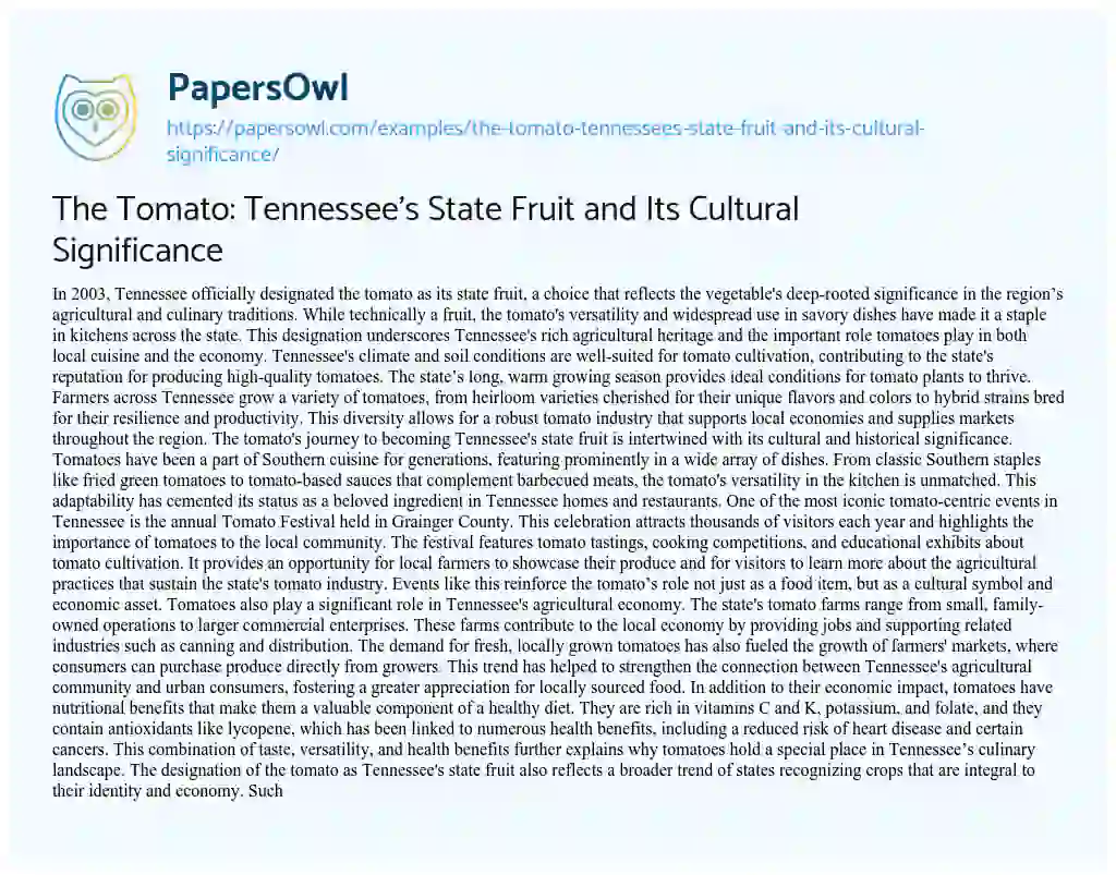 Essay on The Tomato: Tennessee’s State Fruit and its Cultural Significance