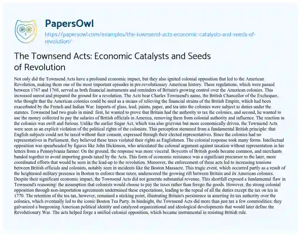 Essay on The Townsend Acts: Economic Catalysts and Seeds of Revolution