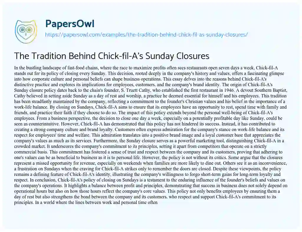 Essay on The Tradition Behind Chick-fil-A’s Sunday Closures