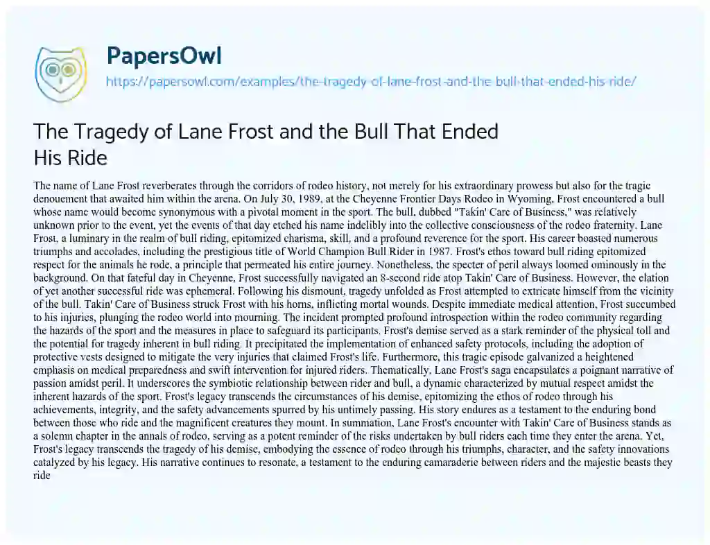 Essay on The Tragedy of Lane Frost and the Bull that Ended his Ride