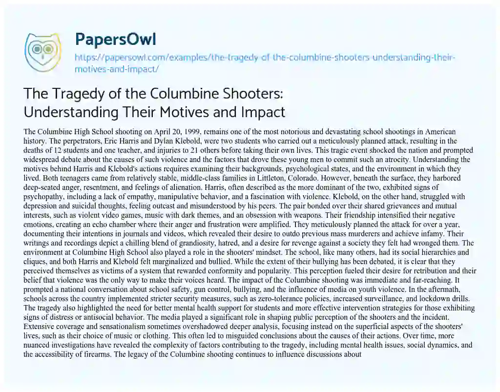 Essay on The Tragedy of the Columbine Shooters: Understanding their Motives and Impact