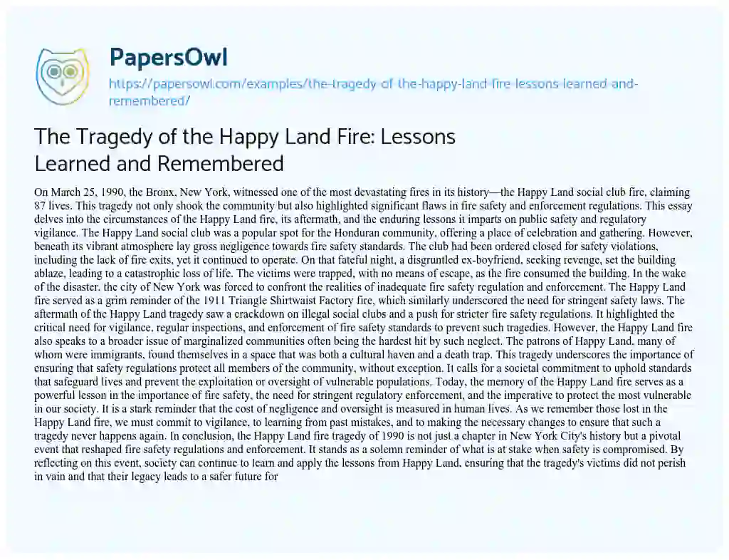 Essay on The Tragedy of the Happy Land Fire: Lessons Learned and Remembered