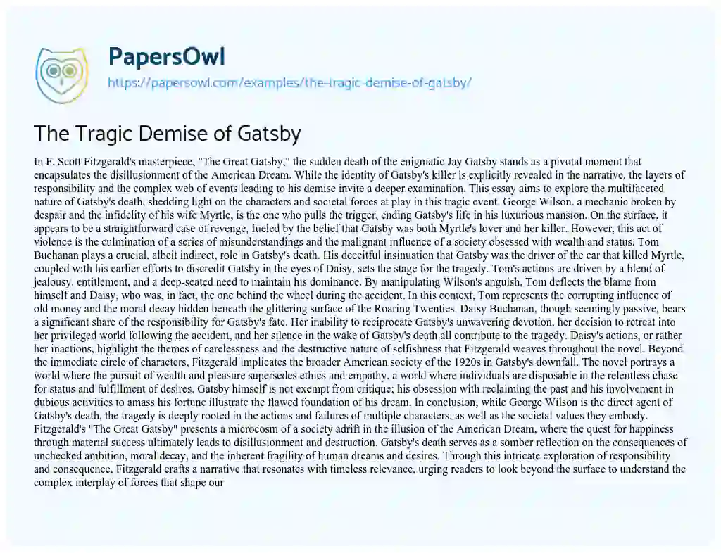 Essay on The Tragic Demise of Gatsby