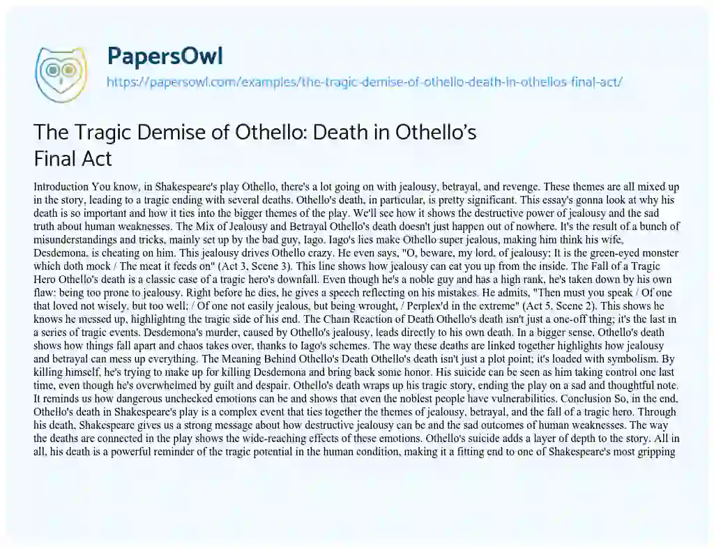 Essay on The Tragic Demise of Othello: Death in Othello’s Final Act