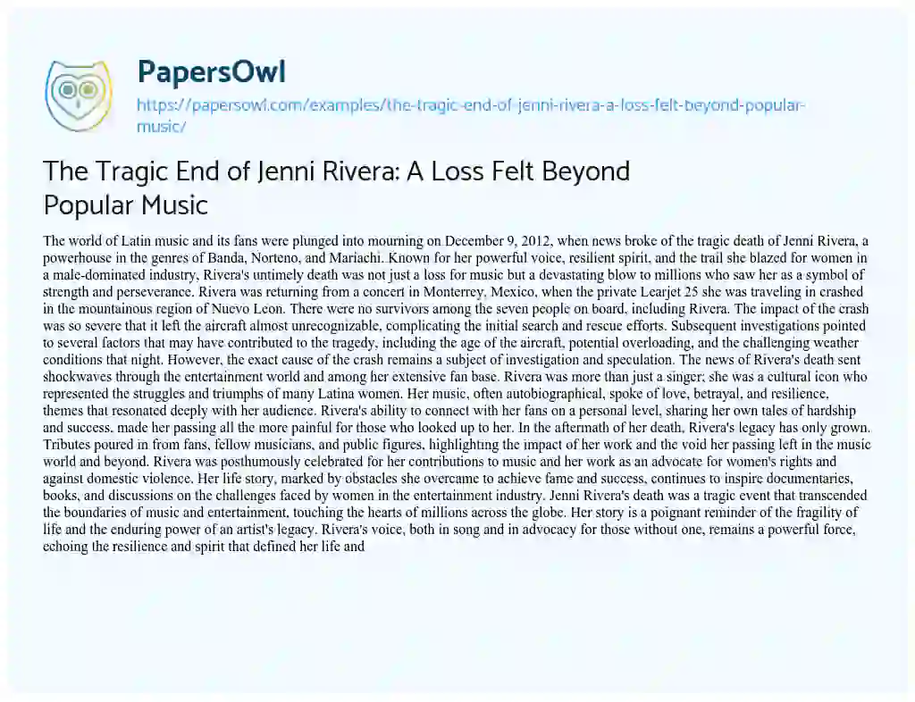 Essay on The Tragic End of Jenni Rivera: a Loss Felt Beyond Popular Music