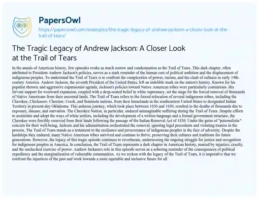 Essay on The Tragic Legacy of Andrew Jackson: a Closer Look at the Trail of Tears