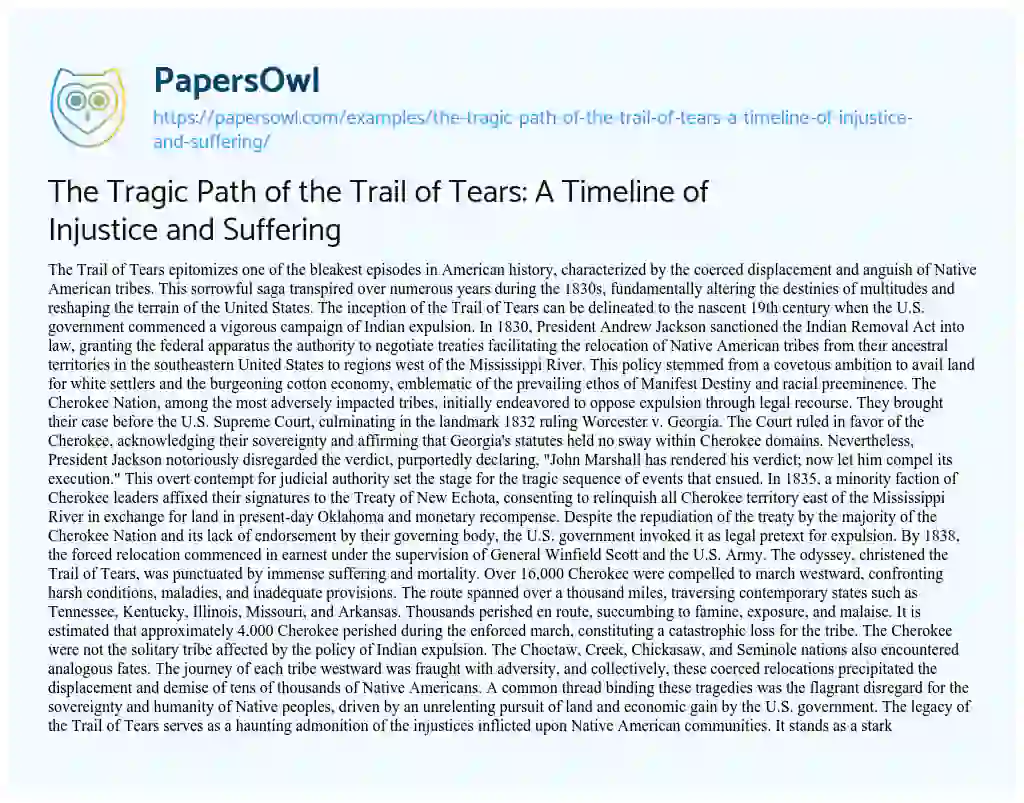 Essay on The Tragic Path of the Trail of Tears: a Timeline of Injustice and Suffering