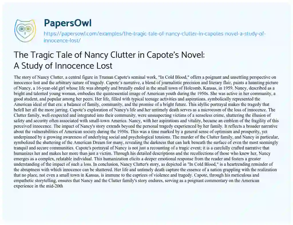 Essay on The Tragic Tale of Nancy Clutter in Capote’s Novel: a Study of Innocence Lost