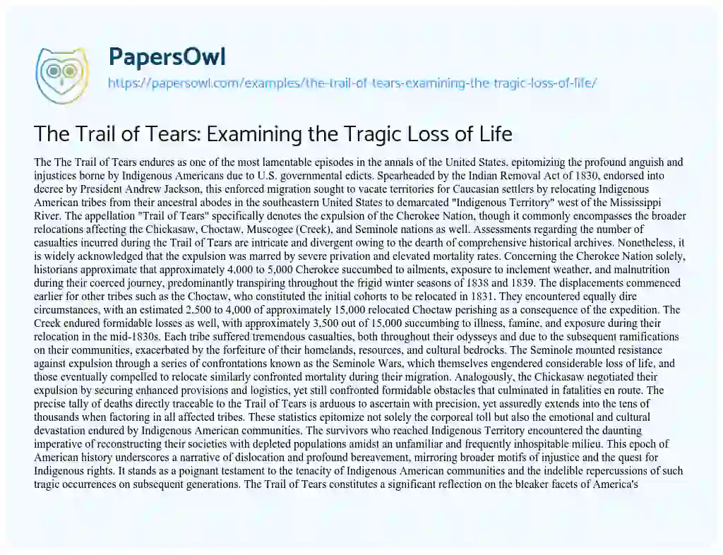 Essay on The Trail of Tears: Examining the Tragic Loss of Life
