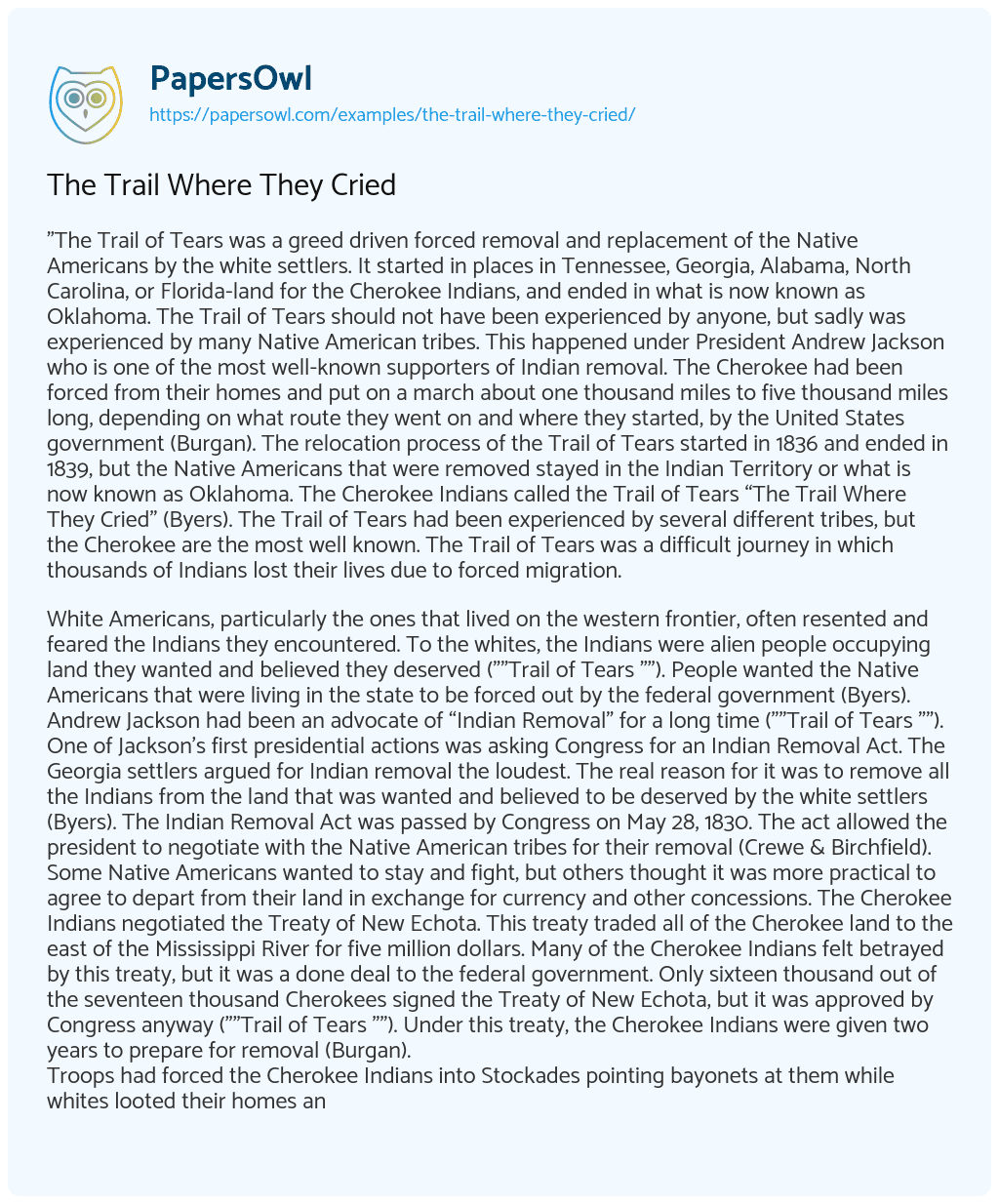 The Trail where they Cried The Trail where they Cried essay