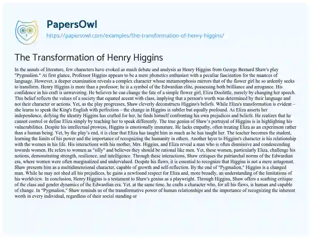 Essay on The Transformation of Henry Higgins