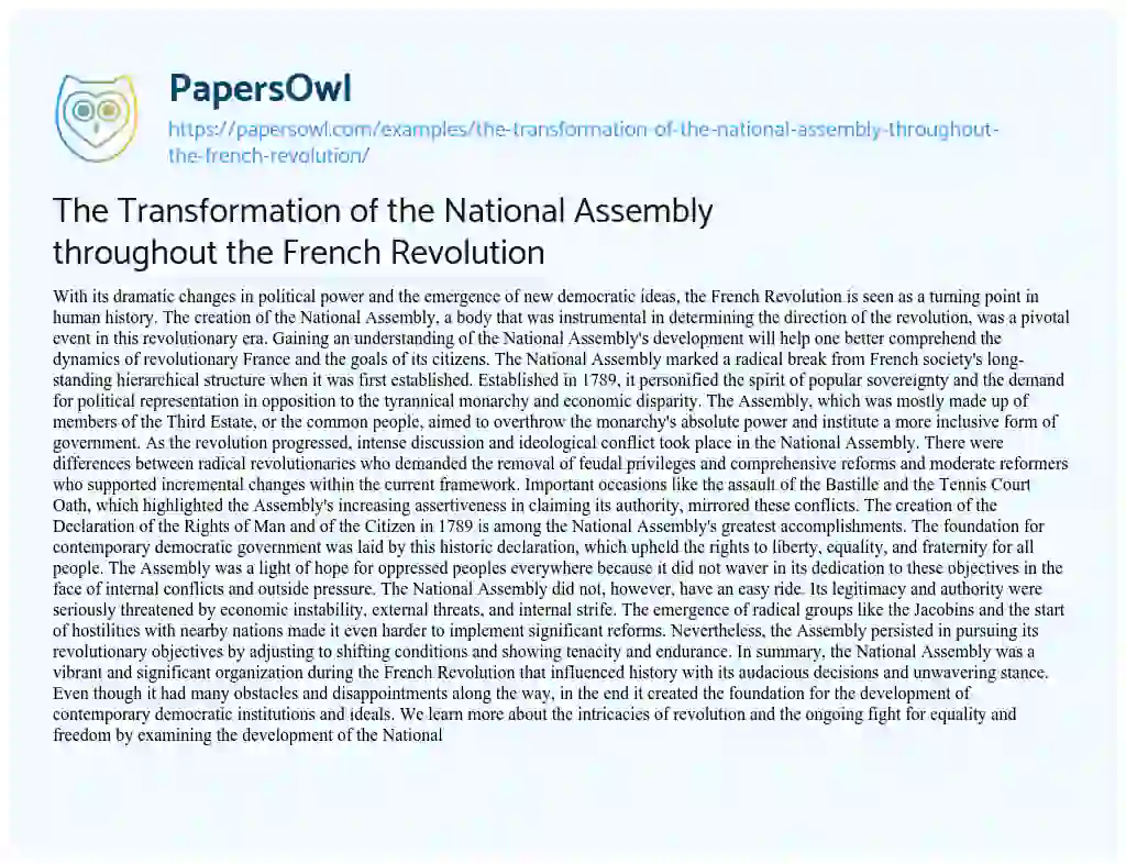 Essay on The Transformation of the National Assembly Throughout the French Revolution