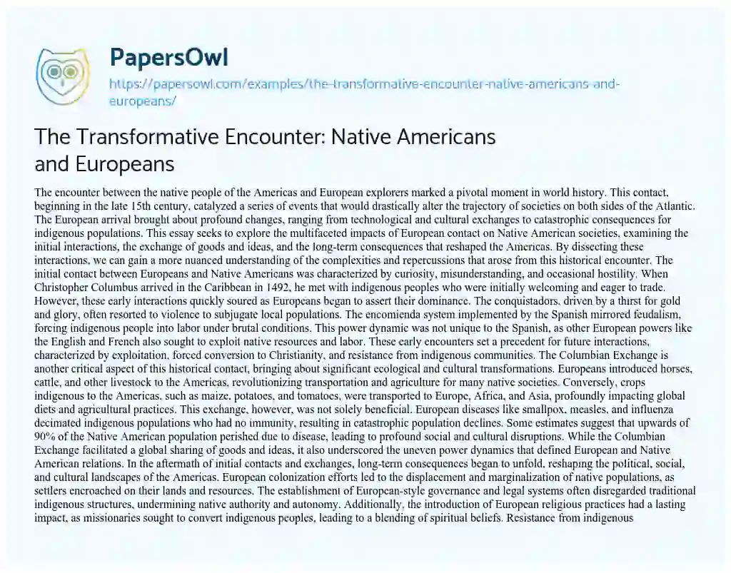 Essay on The Transformative Encounter: Native Americans and Europeans