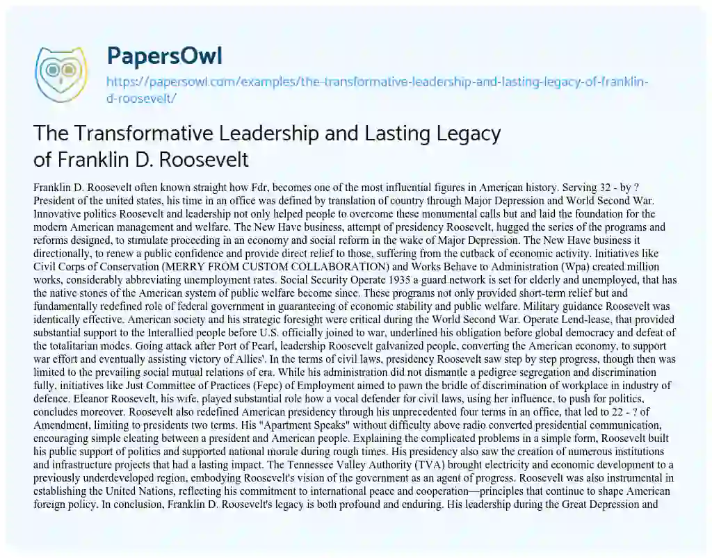 Essay on The Transformative Leadership and Lasting Legacy of Franklin D. Roosevelt