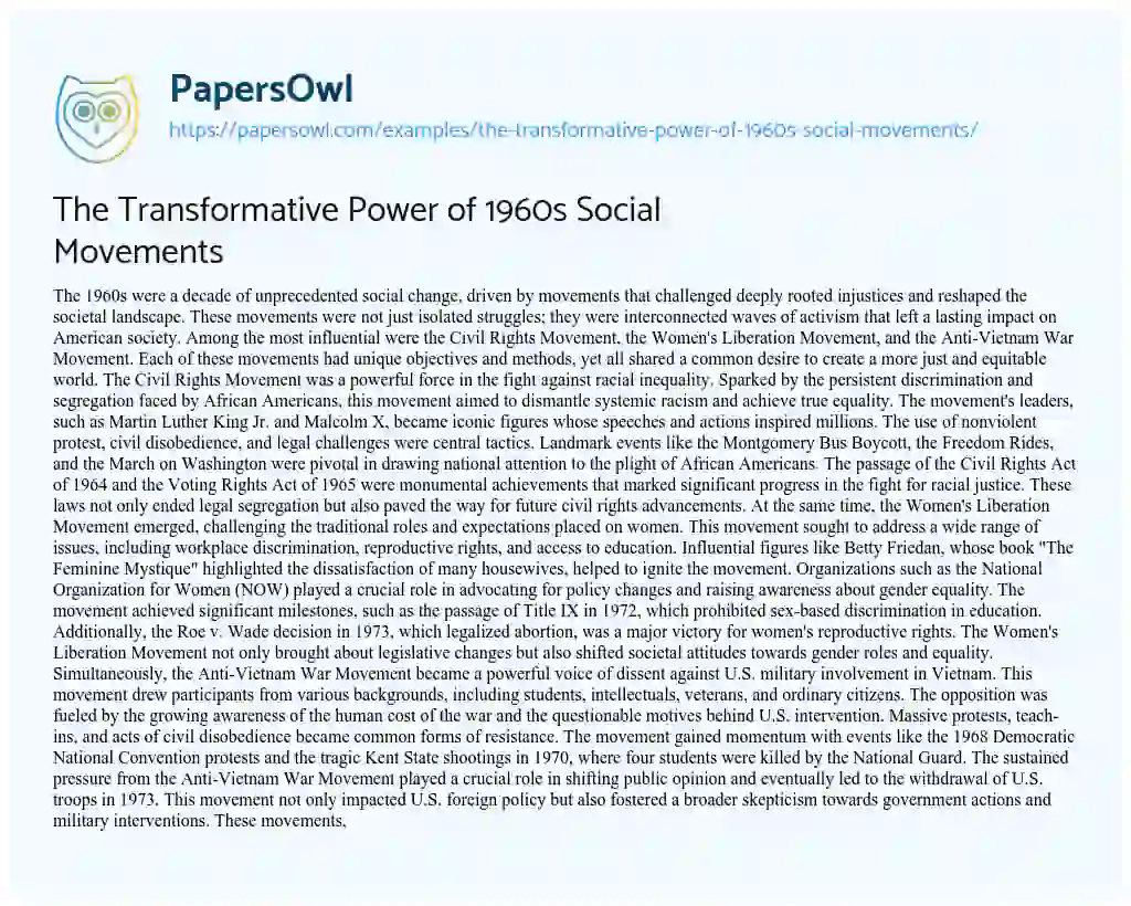 Essay on The Transformative Power of 1960s Social Movements