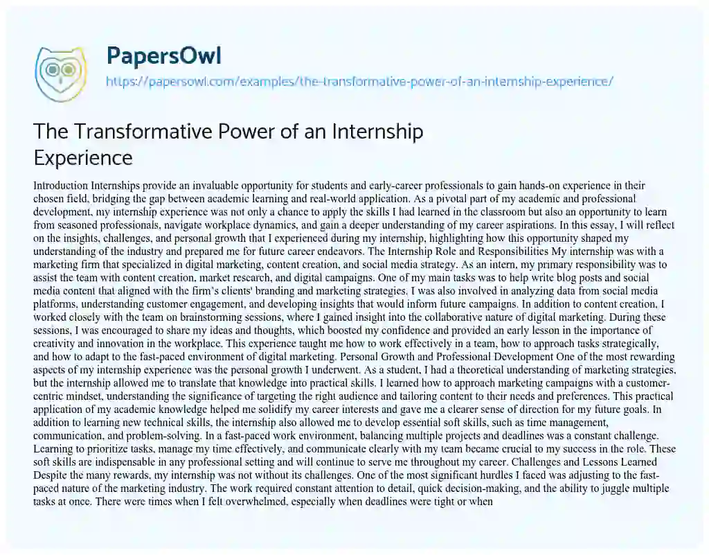 Essay on The Transformative Power of an Internship Experience
