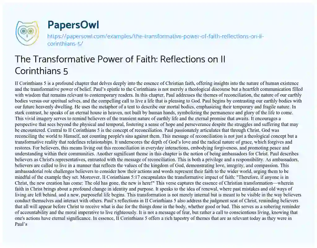 Essay on The Transformative Power of Faith: Reflections on II Corinthians 5