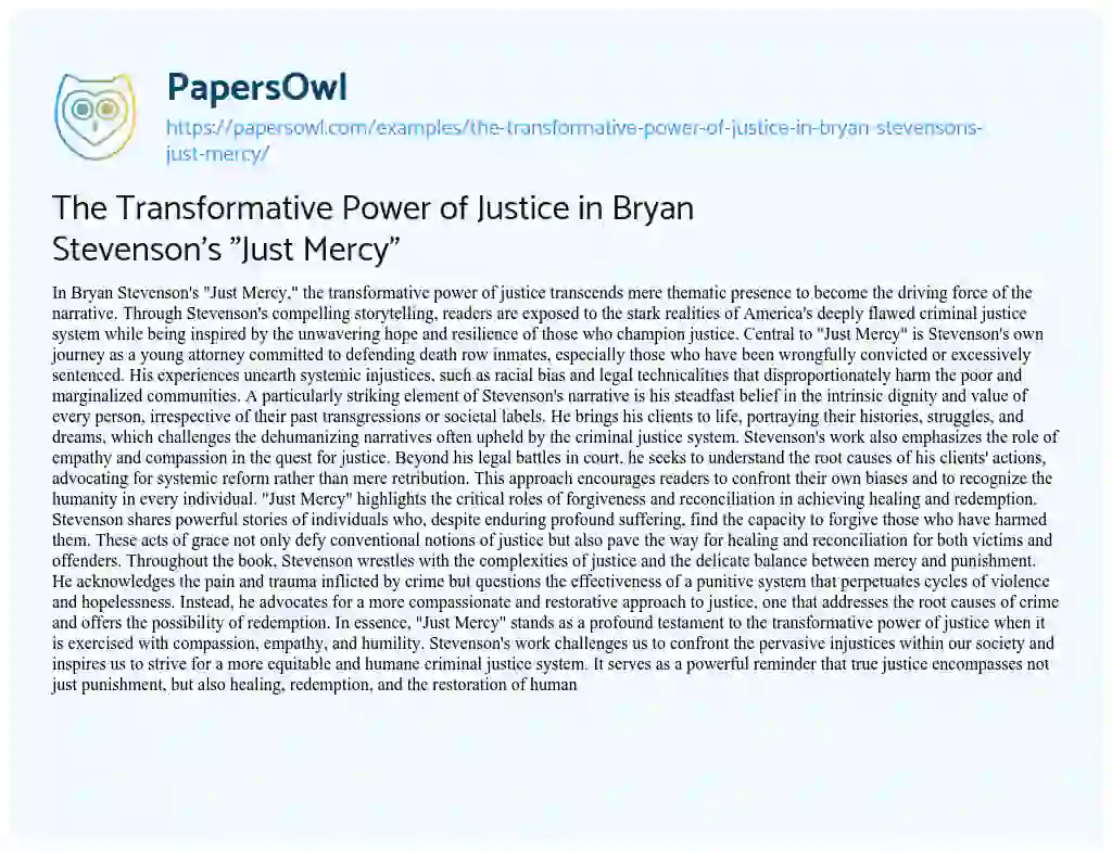 Essay on The Transformative Power of Justice in Bryan Stevenson’s “Just Mercy”