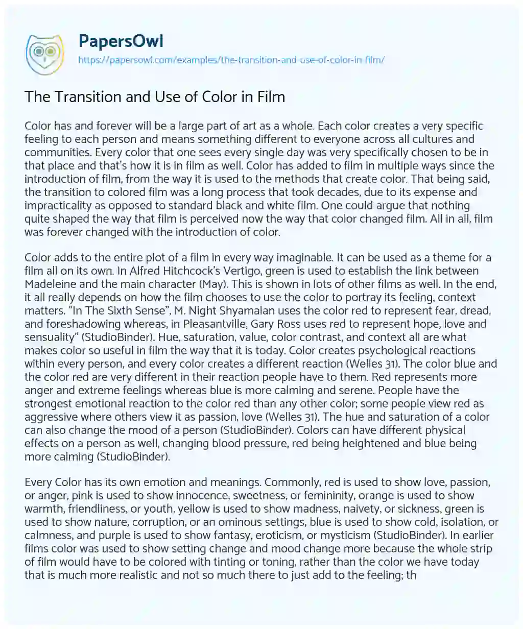 Essay on The Transition and Use of Color in Film 