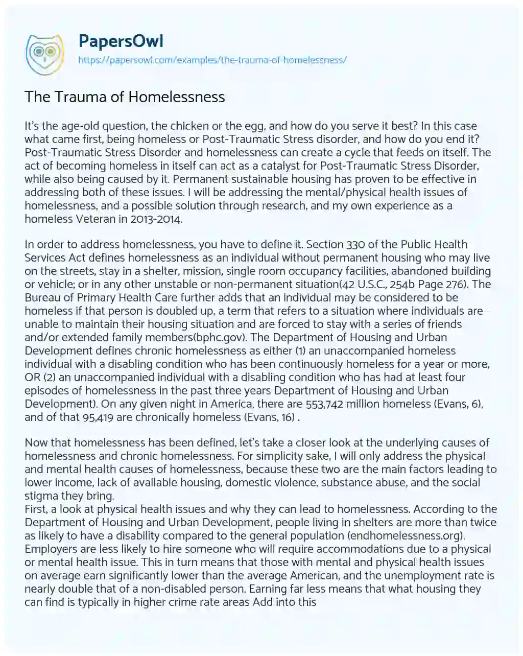 Essay on The Trauma of Homelessness