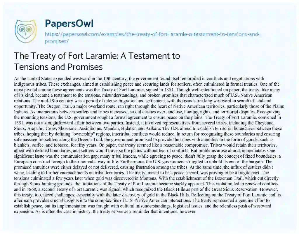 Essay on The Treaty of Fort Laramie: a Testament to Tensions and Promises