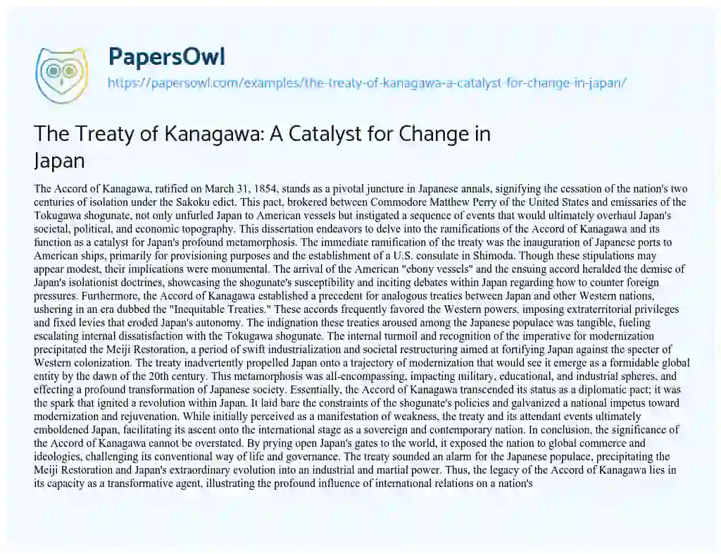 Essay on The Treaty of Kanagawa: a Catalyst for Change in Japan