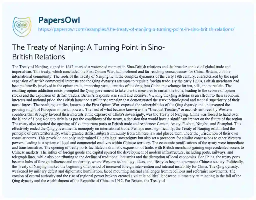 Essay on The Treaty of Nanjing: a Turning Point in Sino-British Relations