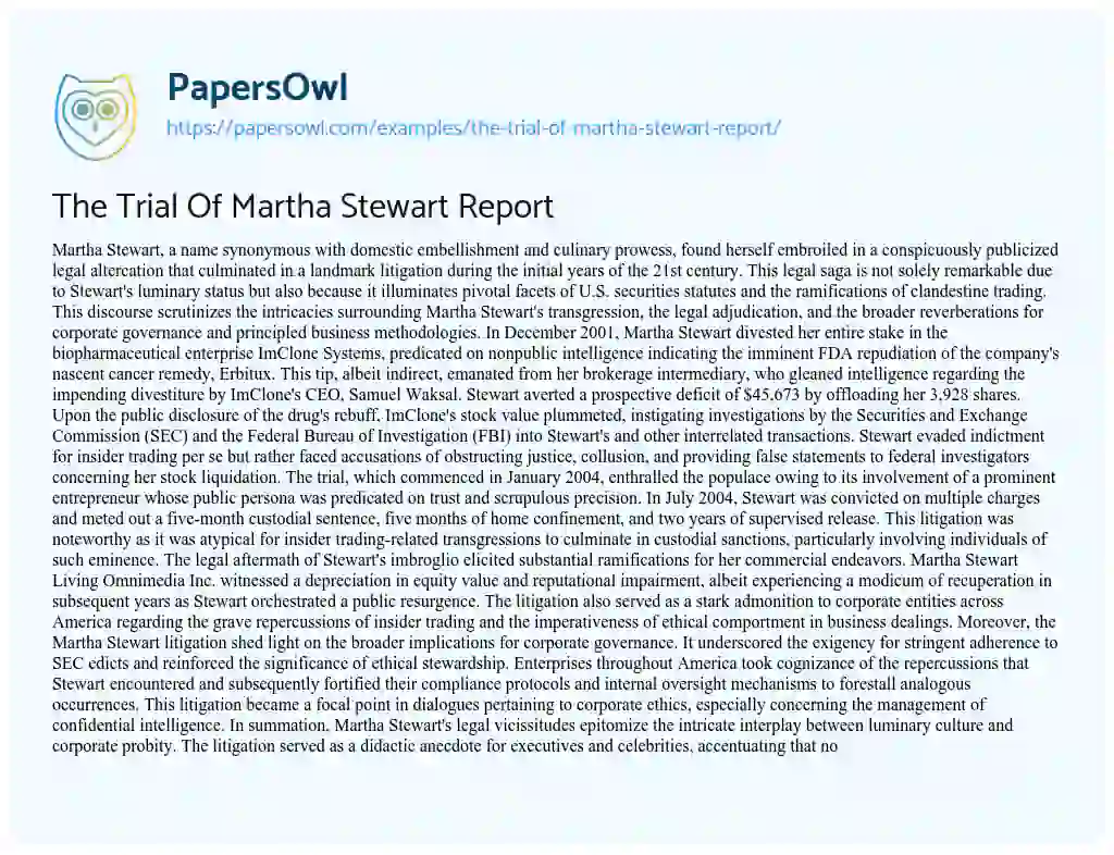 Essay on The Trial of Martha Stewart Report