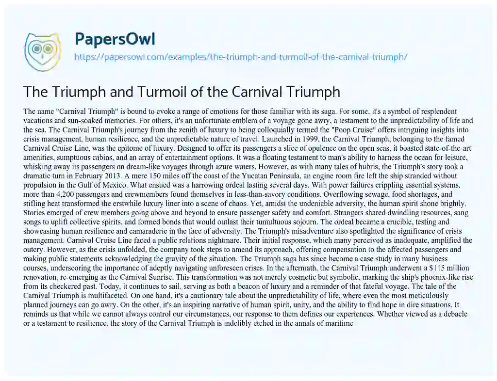 Essay on The Triumph and Turmoil of the Carnival Triumph