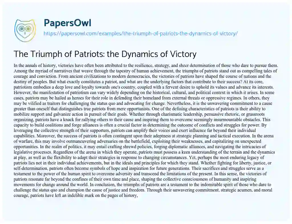 Essay on The Triumph of Patriots: the Dynamics of Victory