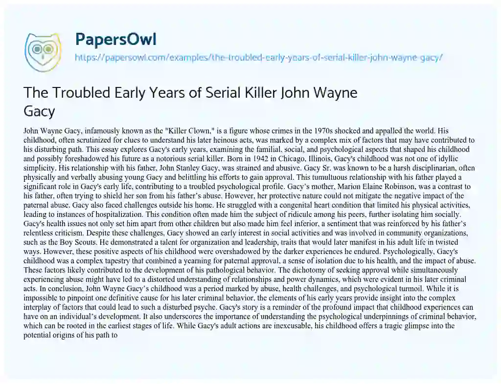Essay on The Troubled Early Years of Serial Killer John Wayne Gacy