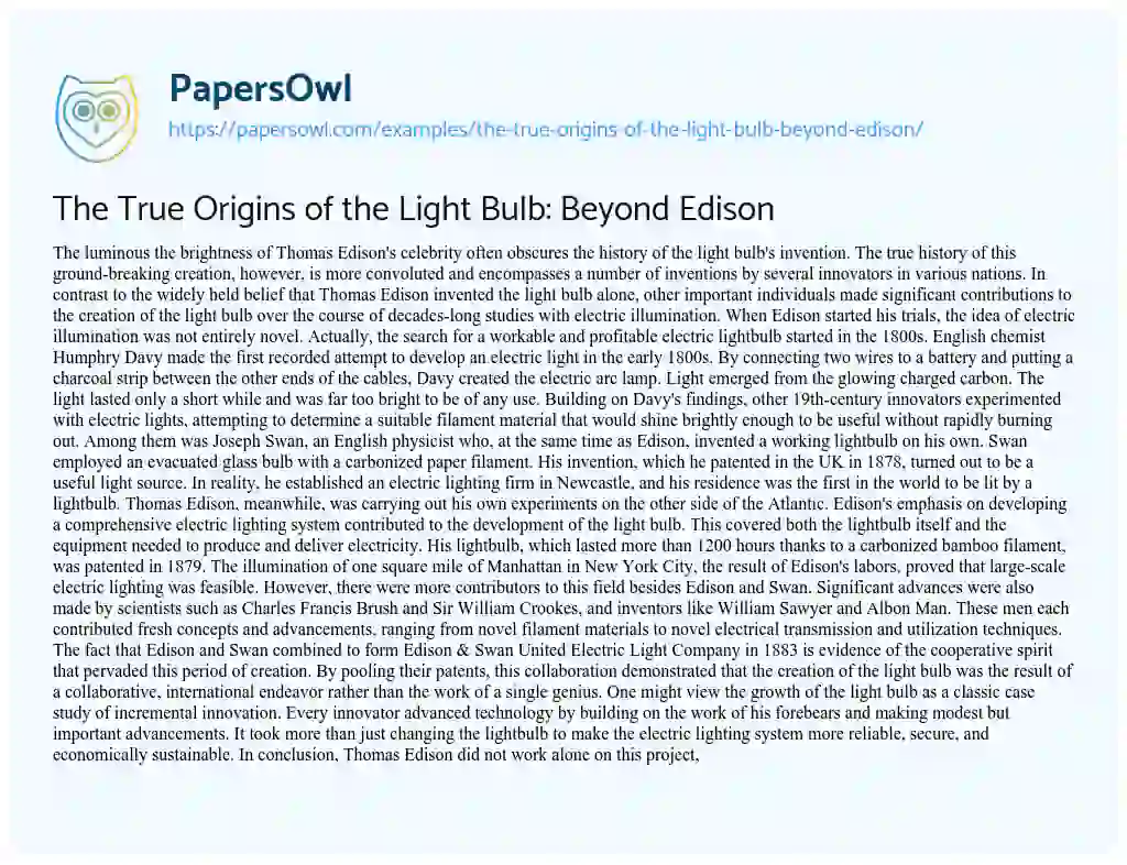 Essay on The True Origins of the Light Bulb: Beyond Edison