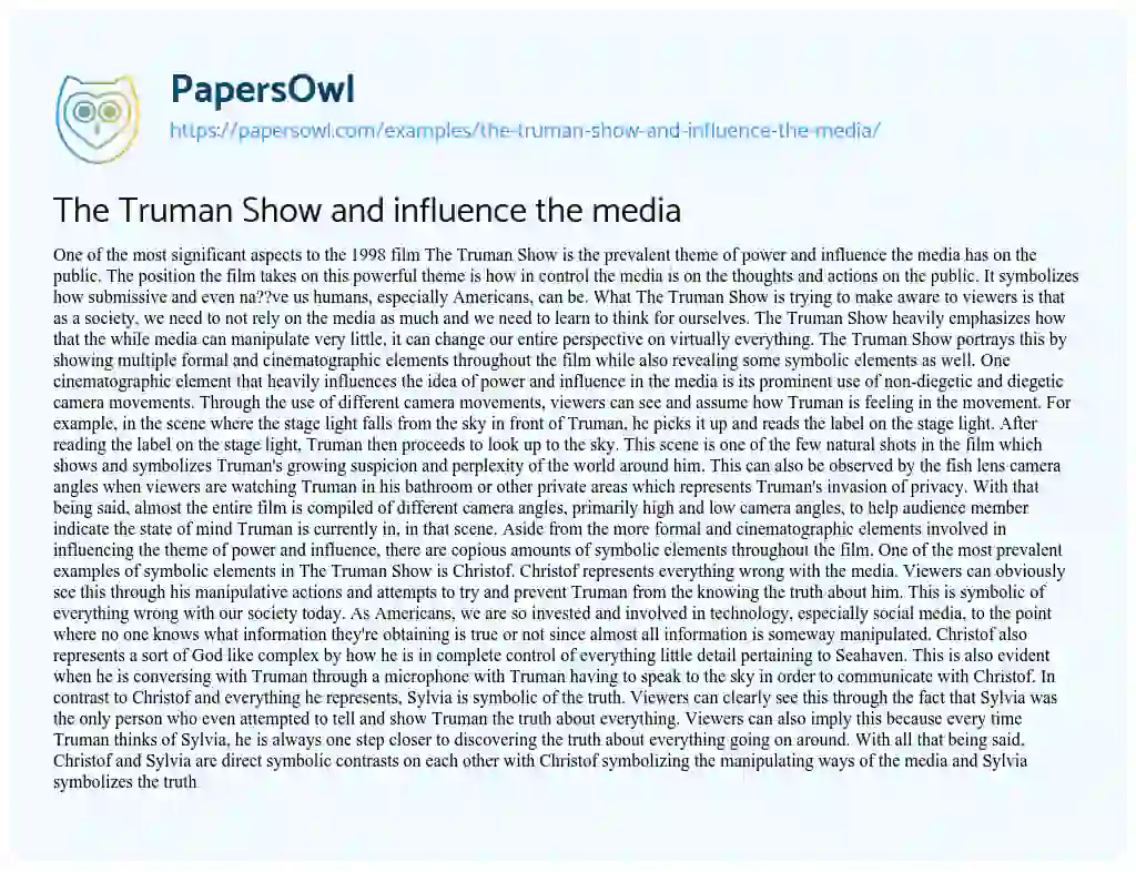 Essay on The Truman Show and Influence the Media