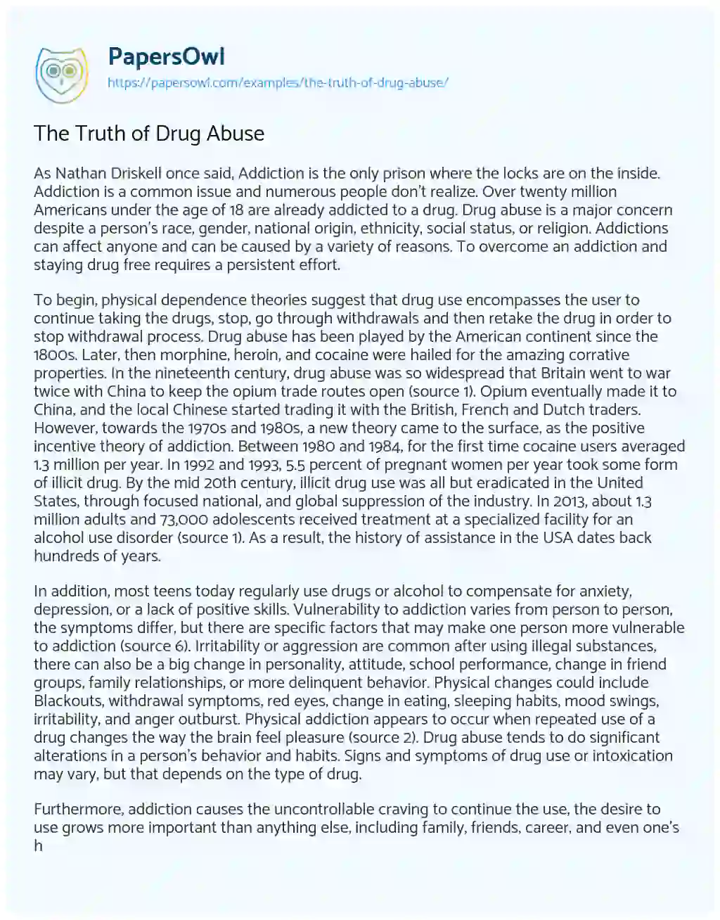 Essay on The Truth of Drug Abuse