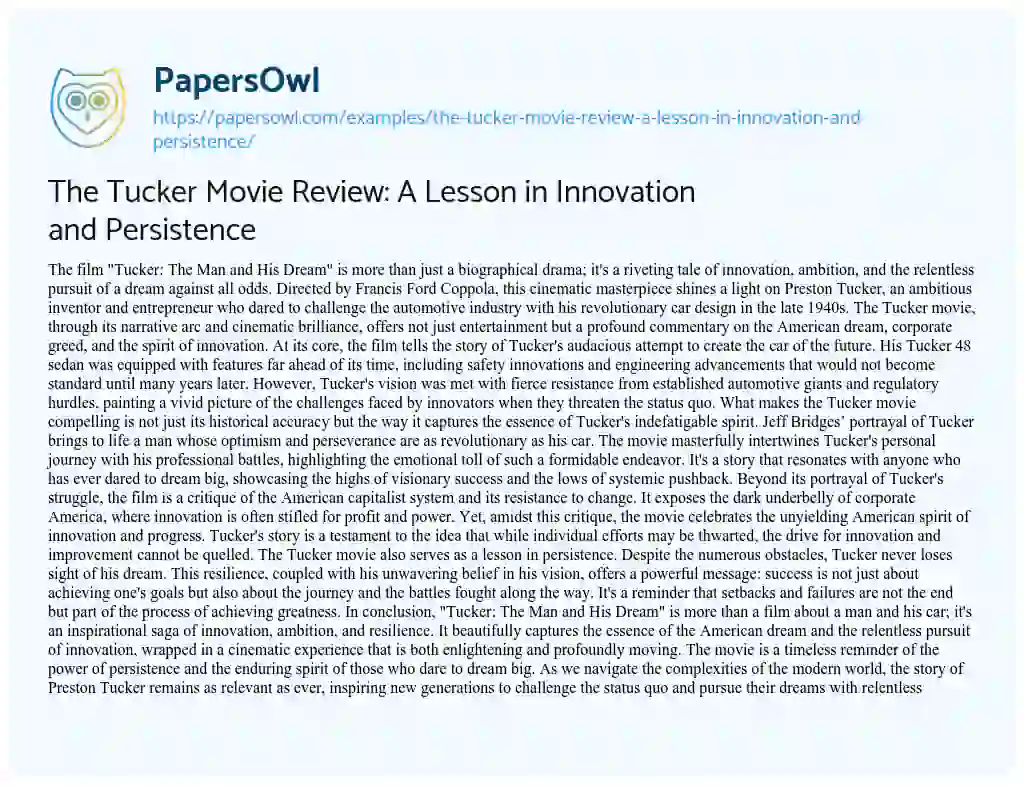 Essay on The Tucker Movie Review: a Lesson in Innovation and Persistence