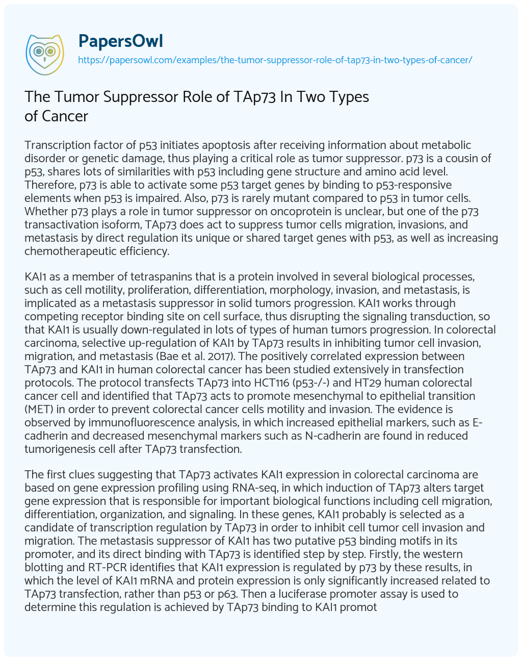 Essay on The Tumor Suppressor Role of TAp73 in Two Types of Cancer