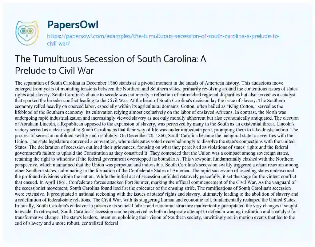 Essay on The Tumultuous Secession of South Carolina: a Prelude to Civil War