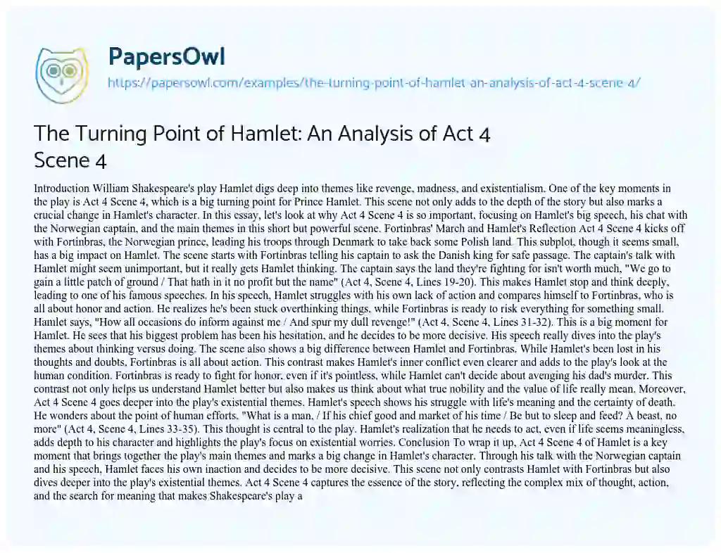 Essay on The Turning Point of Hamlet: an Analysis of Act 4 Scene 4