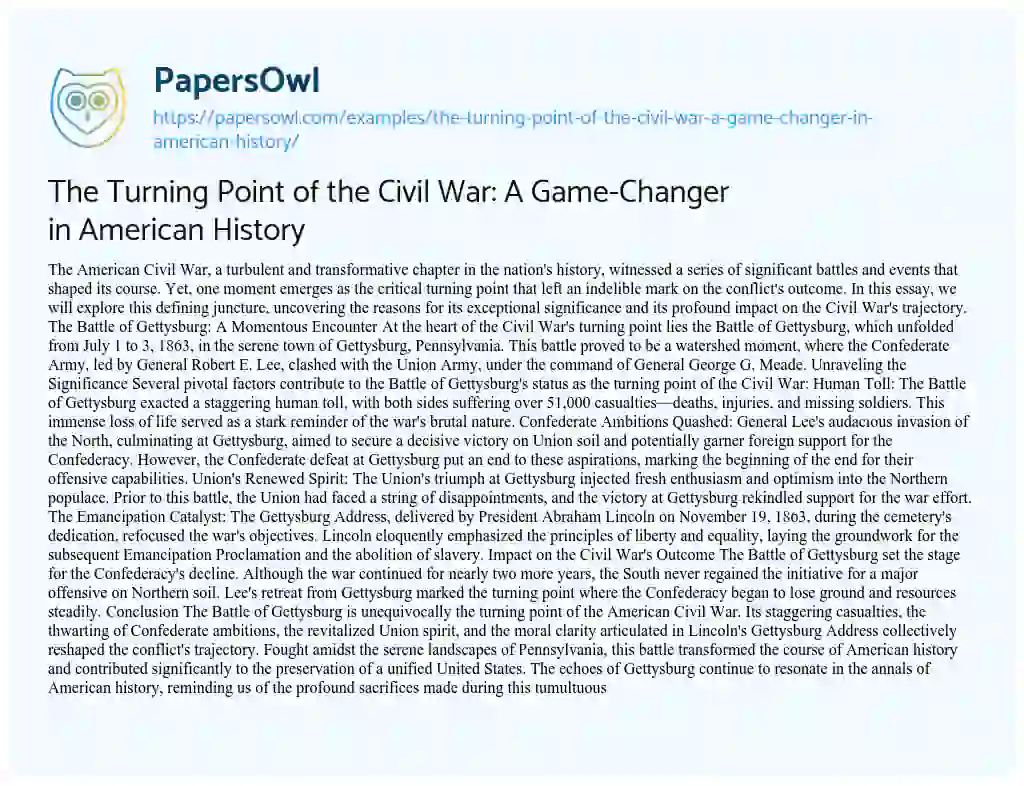 Essay on The Turning Point of the Civil War: a Game-Changer in American History