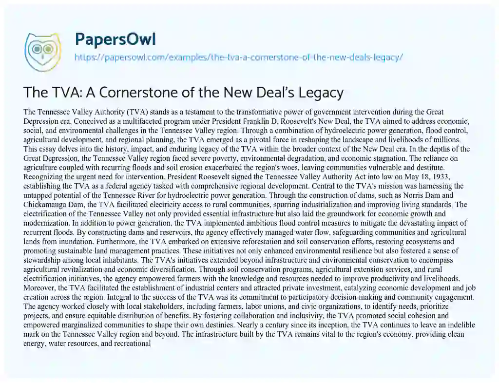 Essay on The TVA: a Cornerstone of the New Deal’s Legacy