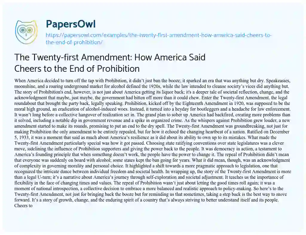 Essay on The Twenty-first Amendment: how America Said Cheers to the End of Prohibition