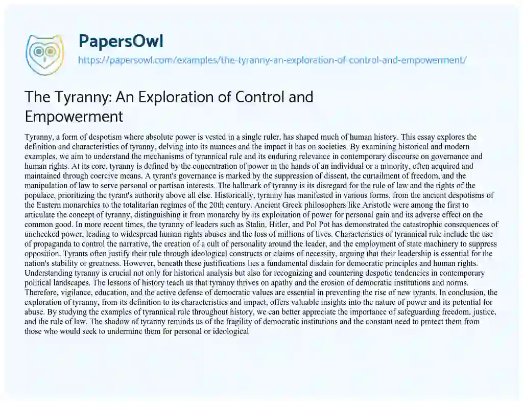 Essay on The Tyranny: an Exploration of Control and Empowerment