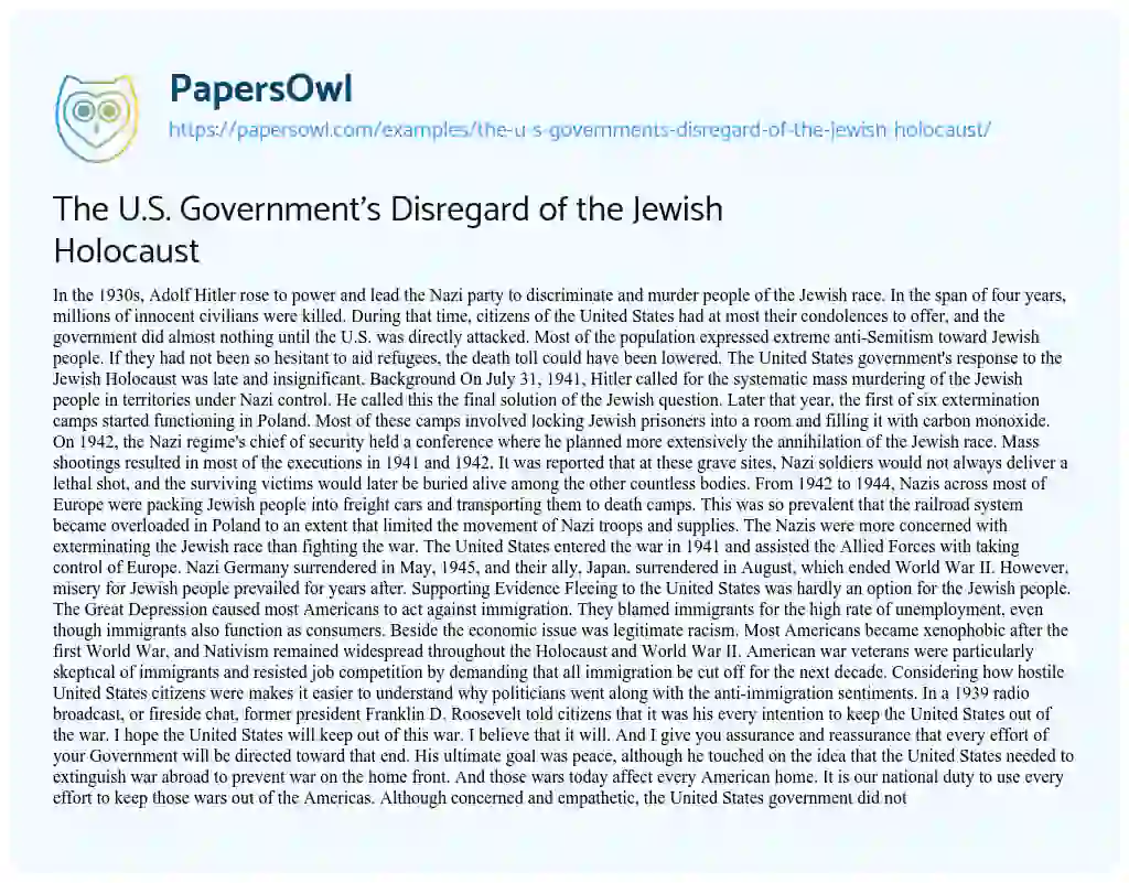 Essay on The U.S. Government’s Disregard of the Jewish Holocaust