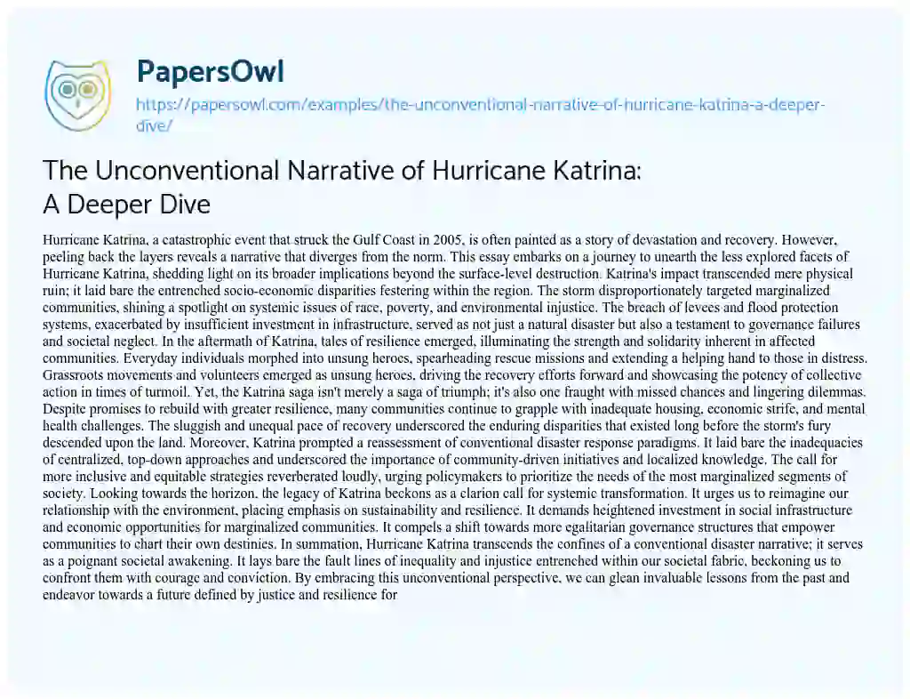 Essay on The Unconventional Narrative of Hurricane Katrina: a Deeper Dive