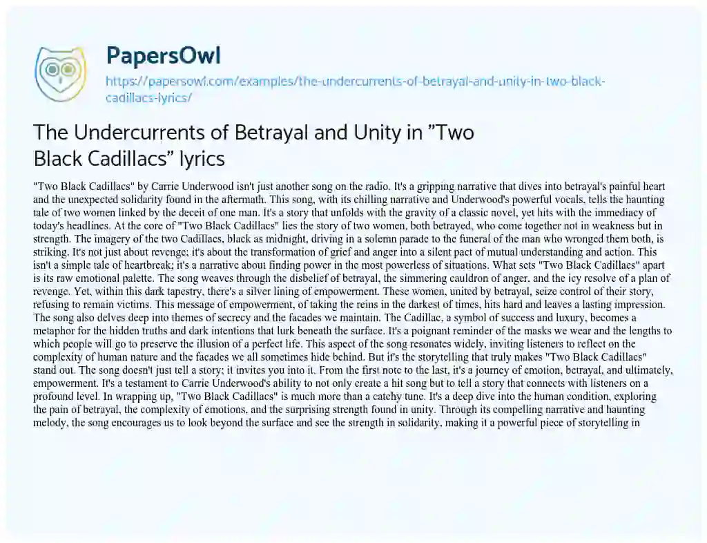 Essay on The Undercurrents of Betrayal and Unity in “Two Black Cadillacs” Lyrics