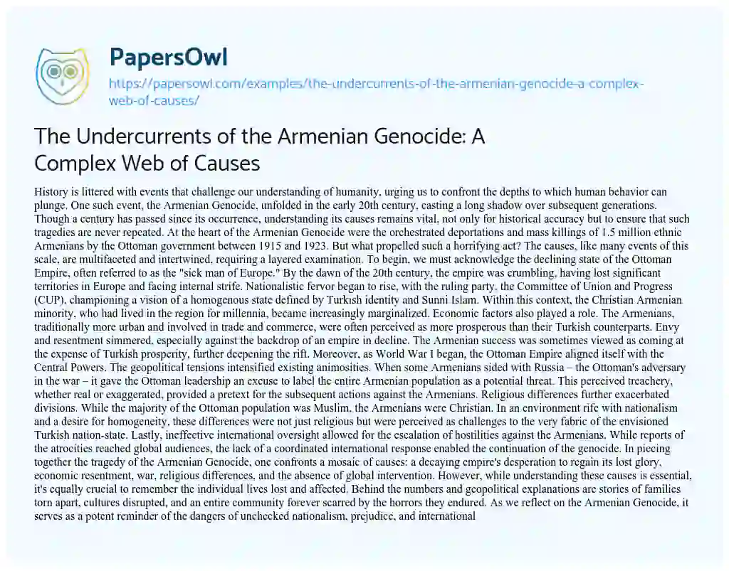 Essay on The Undercurrents of the Armenian Genocide: a Complex Web of Causes