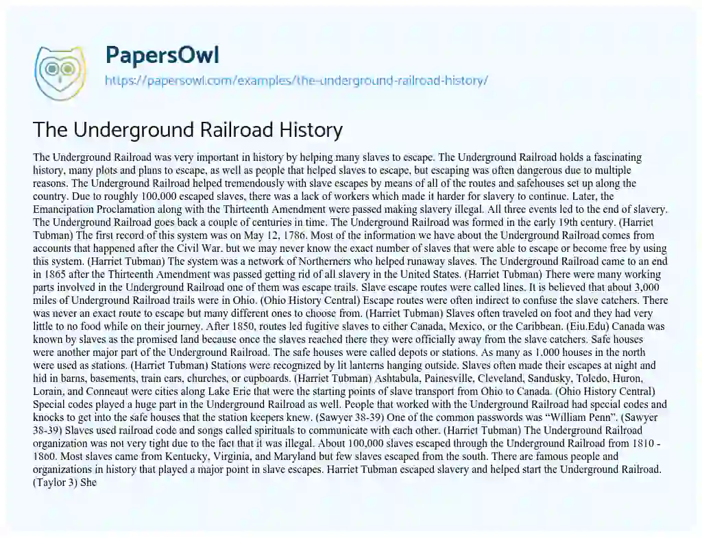 Essay on The Underground Railroad History