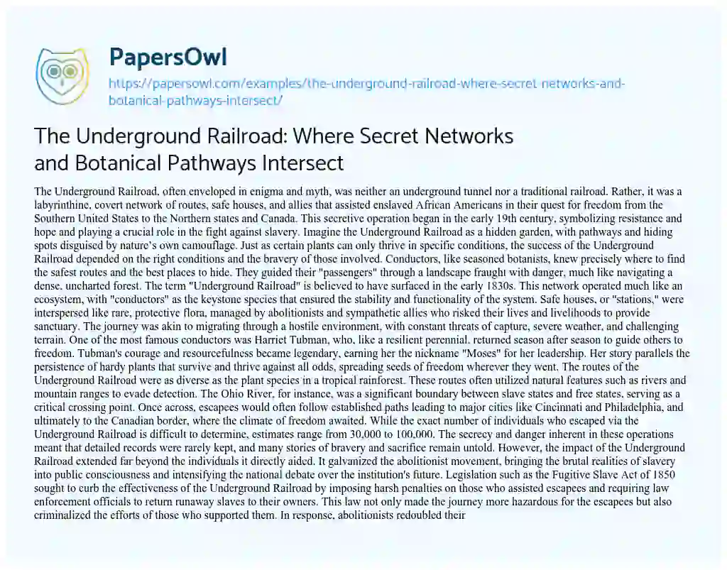 Essay on The Underground Railroad: where Secret Networks and Botanical Pathways Intersect