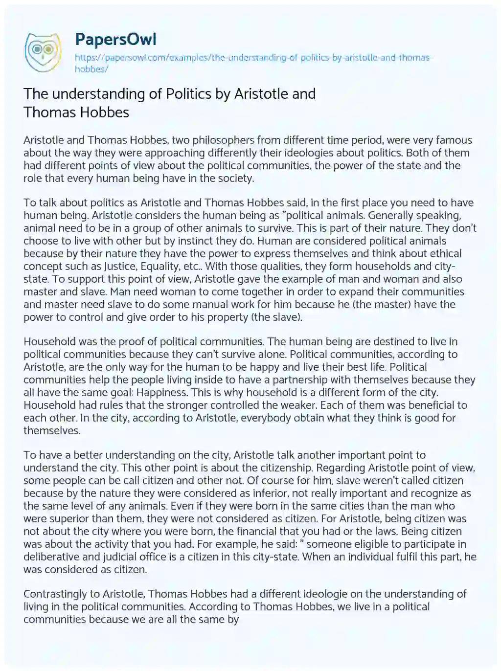 Essay on The Understanding of Politics by Aristotle and Thomas Hobbes