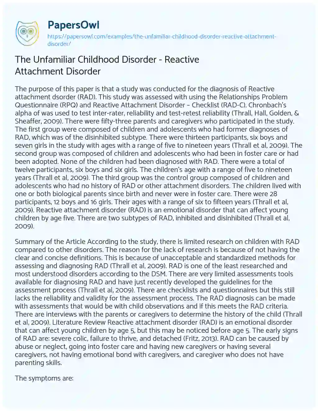 Essay on The Unfamiliar Childhood Disorder – Reactive Attachment Disorder